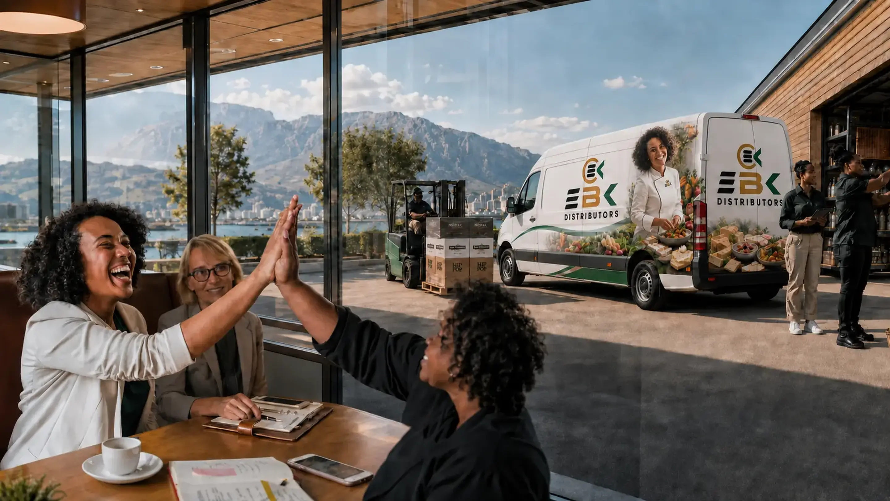 EBK Distributors landing image showing commercial collaboration, a branded delivery vehicle and market operations in Cape Town.